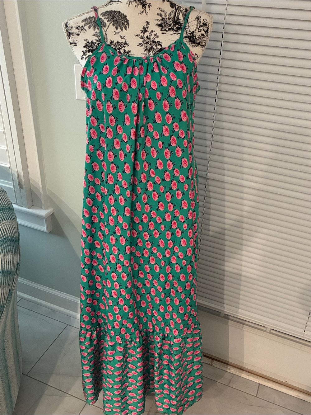 Maxi Dress with Pink & Teal Floral Print. Size L